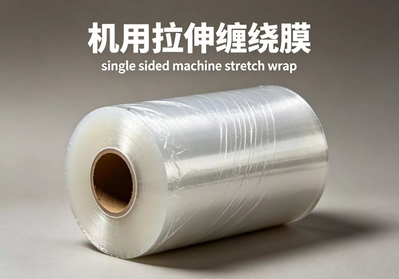 Roll of one-sided cling machine stretch film showing non‑tacky outer surface